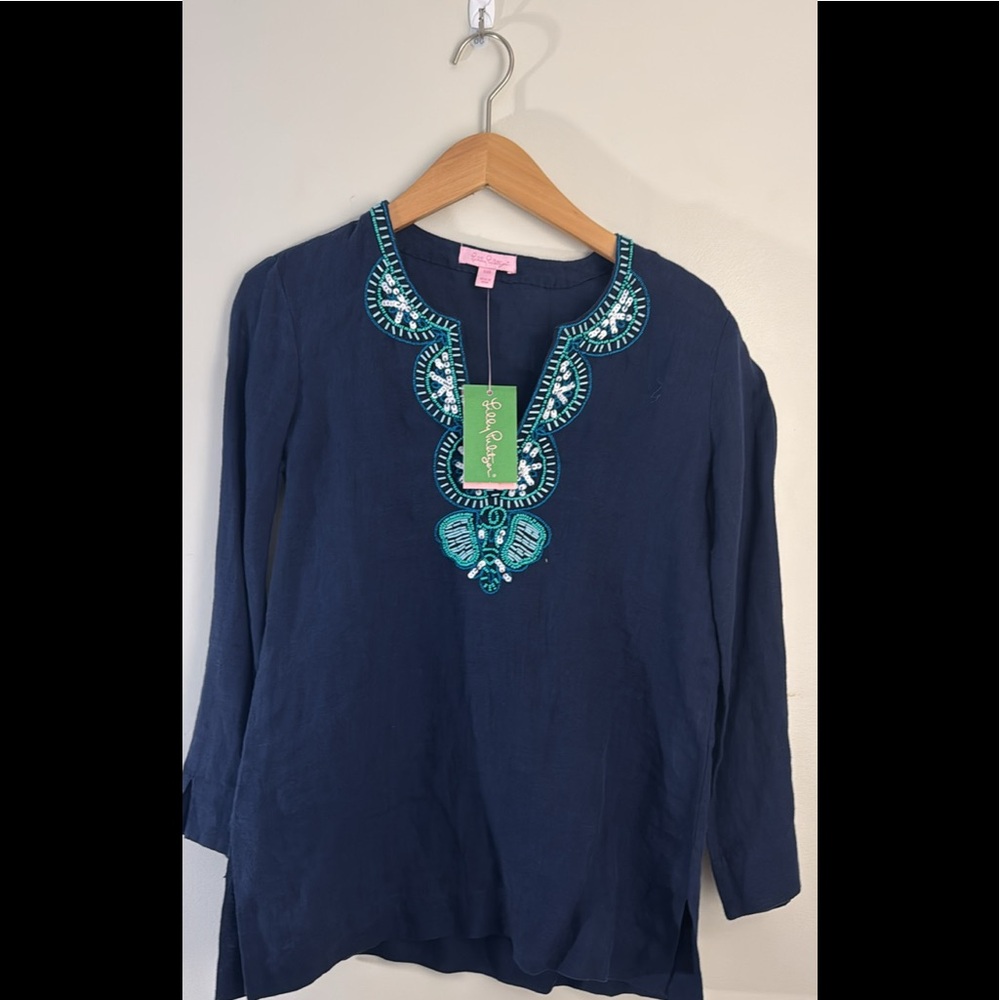 Linen Beaded tunic ,Navy linen- would look great with white jeans or shorts
